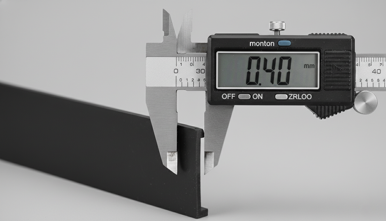 Digital caliper measuring ultra-thin 0.4mm injection molded wall thickness.