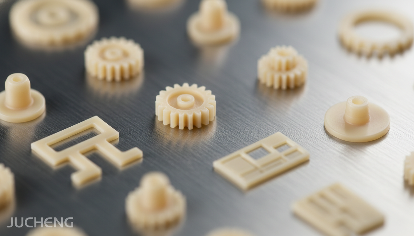 High-precision-injection-molded-beige-PEEK-micro-gears-and-thin-walled-medical-connectors-made-from-Victrex-PEEK-150G