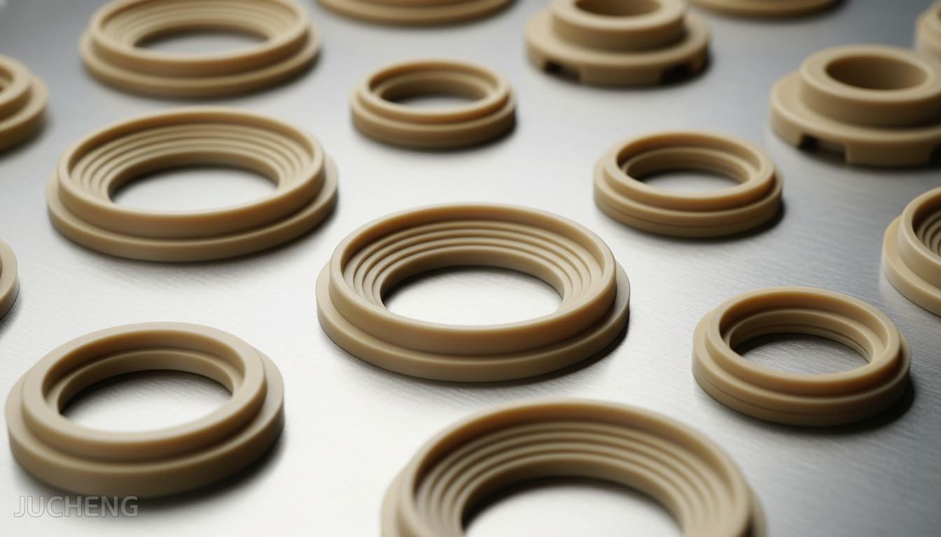 High-precision-injection-molded-beige-semi-crystalline-PEEK-thrust-washers-and-seal-rings-made-from-Victrex-PEEK-450G