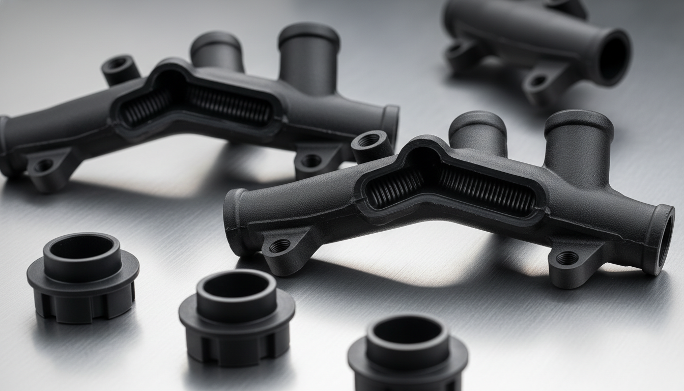 High-precision-injection-molded-black-PA66-GF30-engine-coolant-manifolds-and-bobbins-made-of-BASF-Ultramid-A3EG6