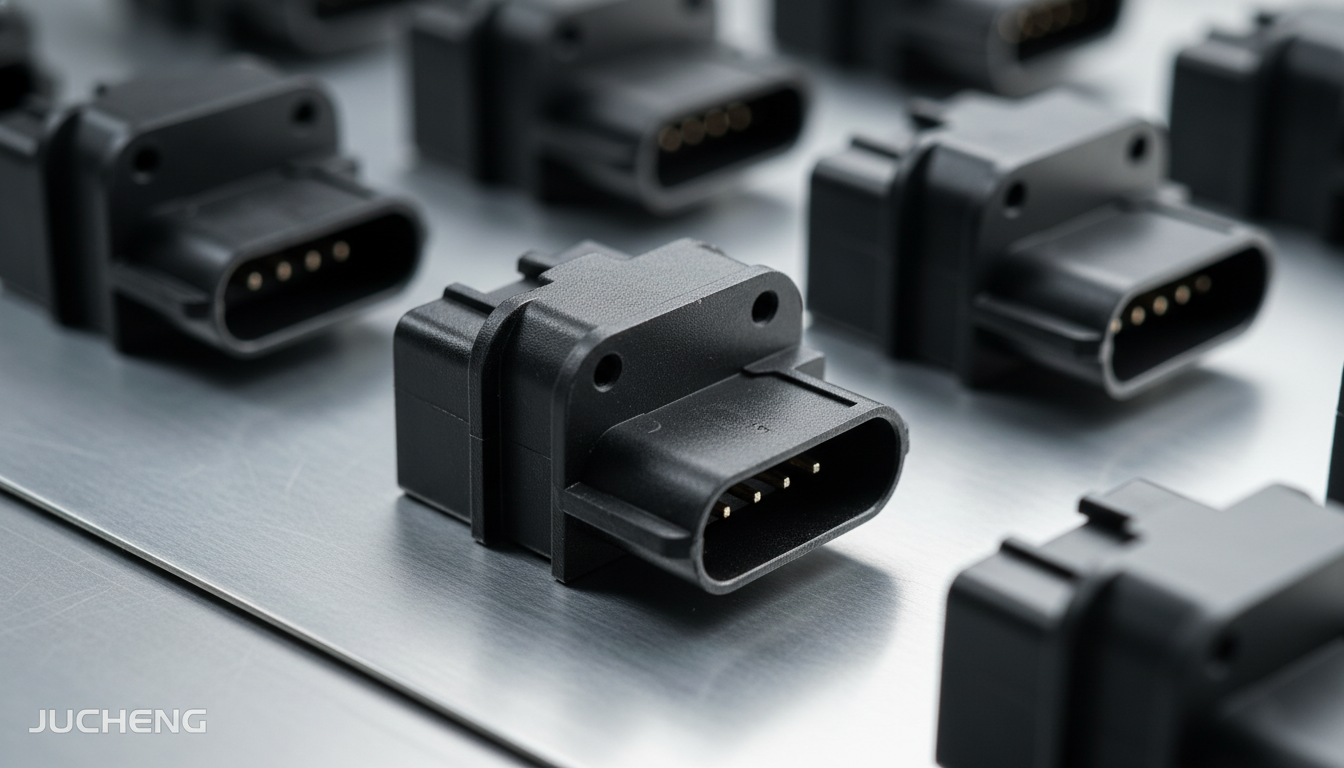 High-precision-injection-molded-black-PBT-GF30-bobbins-and-high-voltage-connectors-made-from-DuPont-Crastin-SK605