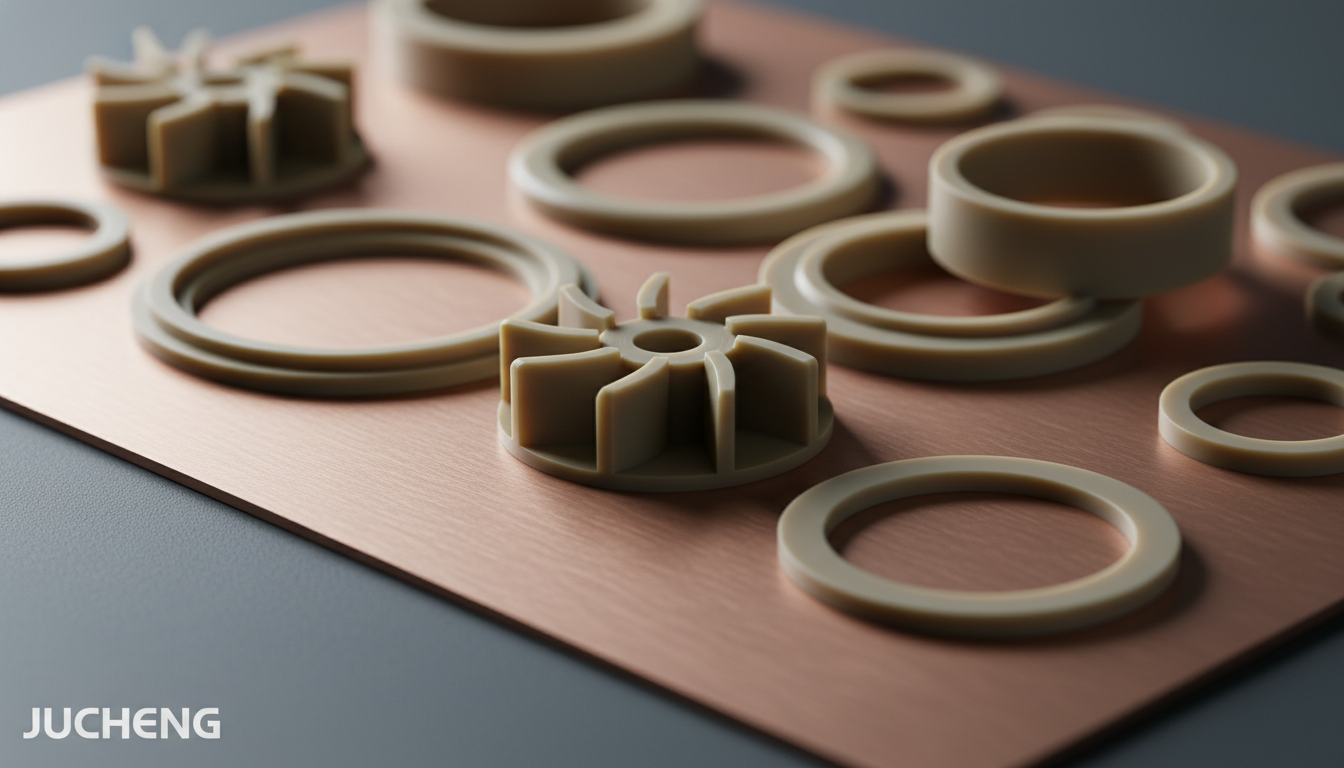 Precision-injection-molded-beige-PEEK-dynamic-seals-and-wear-resistant-gaskets-made-from-Solvay-KetaSpire-KT-820