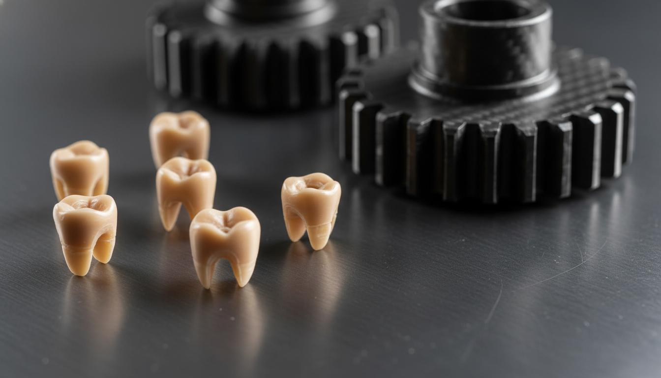 Precision-injection-molded-beige-medical-PEEK-implants-and-dark-grey-carbon-filled-PEEK-aerospace-components-1