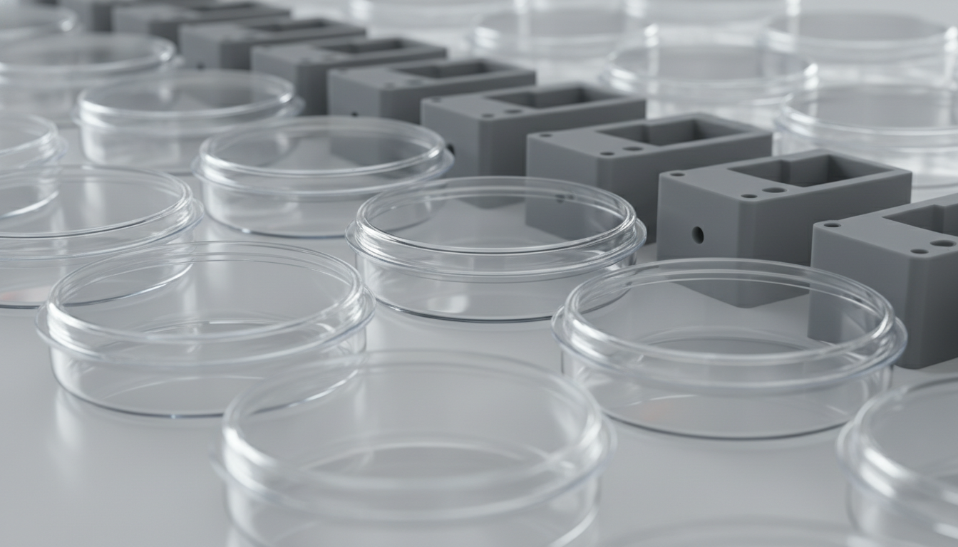 Precision-injection-molded-clear-GPPS-petri-dishes-and-matte-grey-HIPS-electronic-housings-1