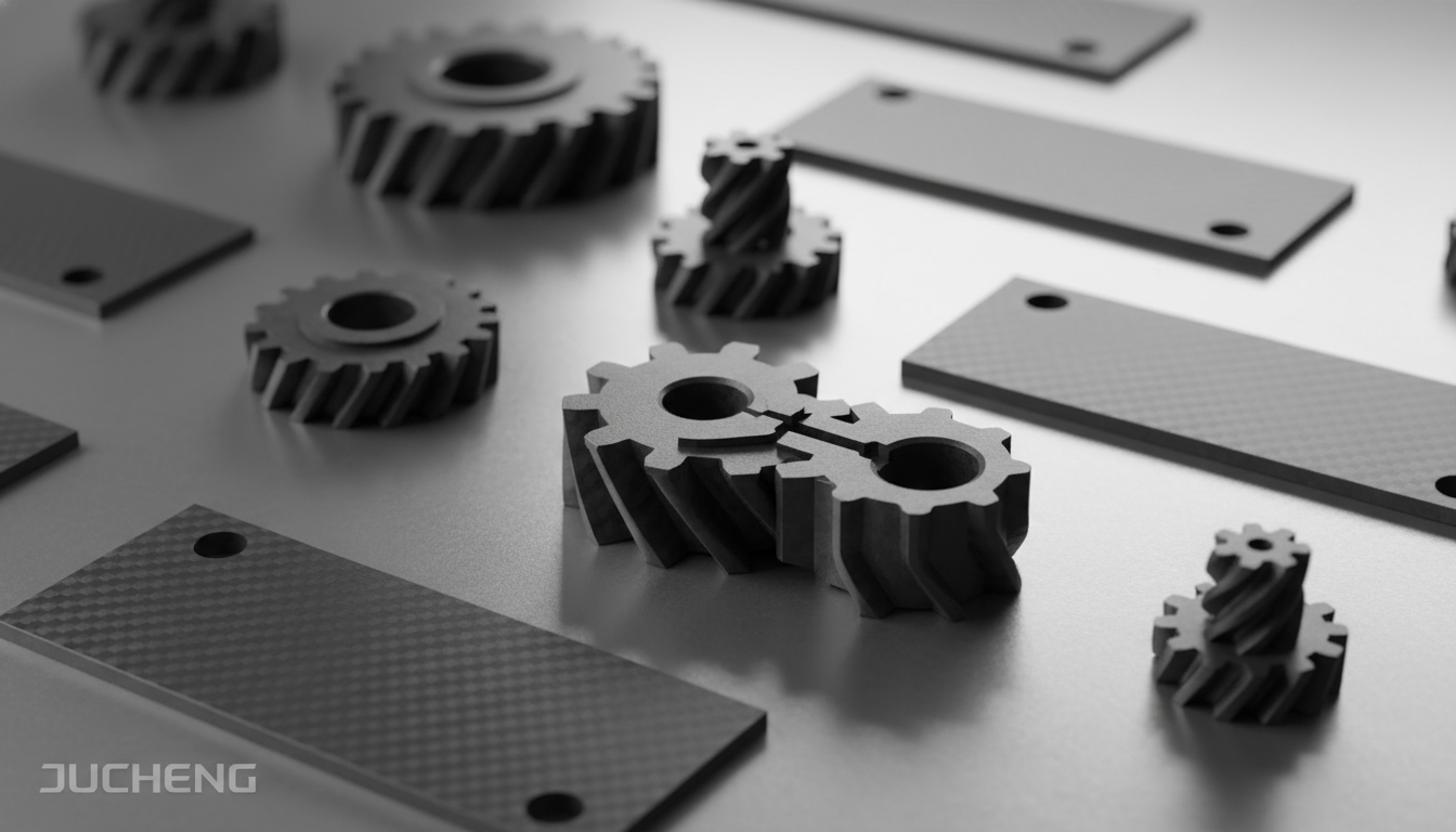 Precision-injection-molded-dark-grey-carbon-filled-PEEK-helical-gears-and-robotic-joints-made-from-Victrex-PEEK-450CA30
