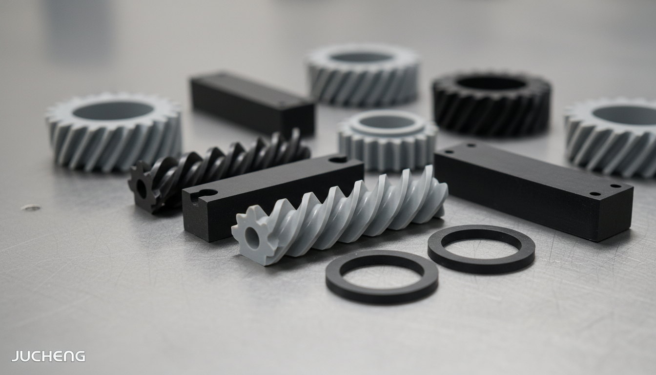 Precision-injection-molded-grey-copolymer-POM-helical-gears-and-sliding-guides-made-of-Polyplastics-Duracon-M90-44