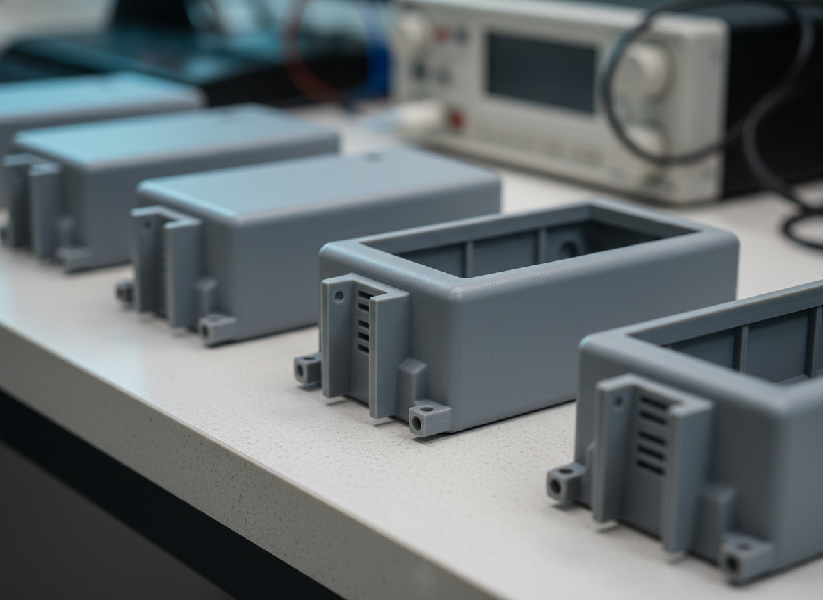 Precision-injection-molded-grey-flame-retardant-power-panel-enclosures-and-battery-brackets-made-from-Chi-Mei-POLYLAC-PA-765