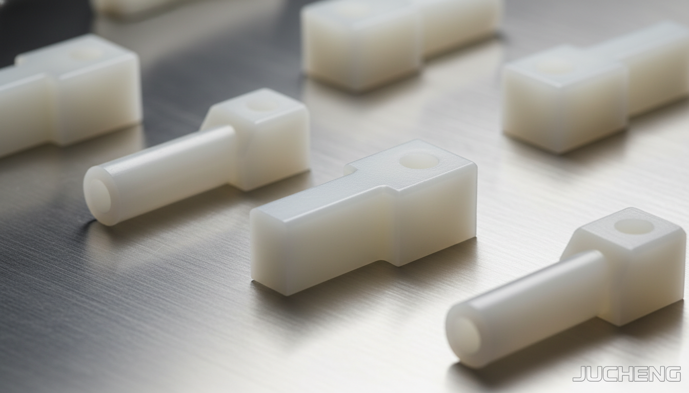 Precision-injection-molded-high-viscosity-natural-color-POM-homopolymer-link-pins-and-heavy-duty-brackets-made-of-DuPont-Delrin-100P