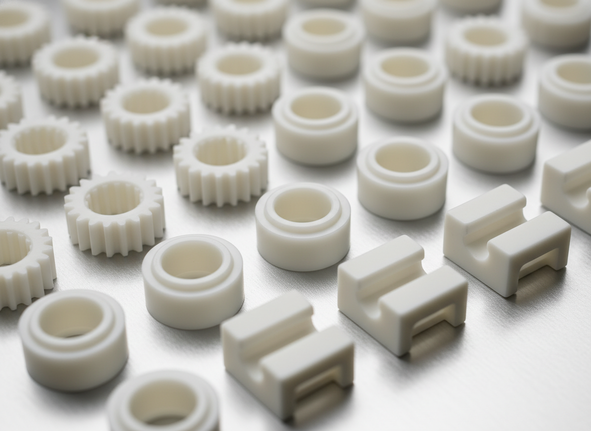 Precision-injection-molded-natural-white-self-lubricating-PA66-nylon-gears-and-bearings-made-of-DuPont-Zytel-101L