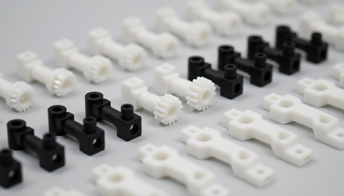 Precision-injection-molded-white-and-black-POM-acetal-micro-gears-and-sliding-bushings-1