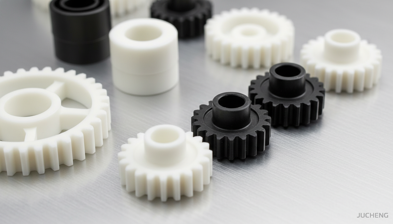 Precision-injection-molded-white-and-black-POM-homopolymer-gears-and-sliding-bushings-made-of-DuPont-Delrin-500P