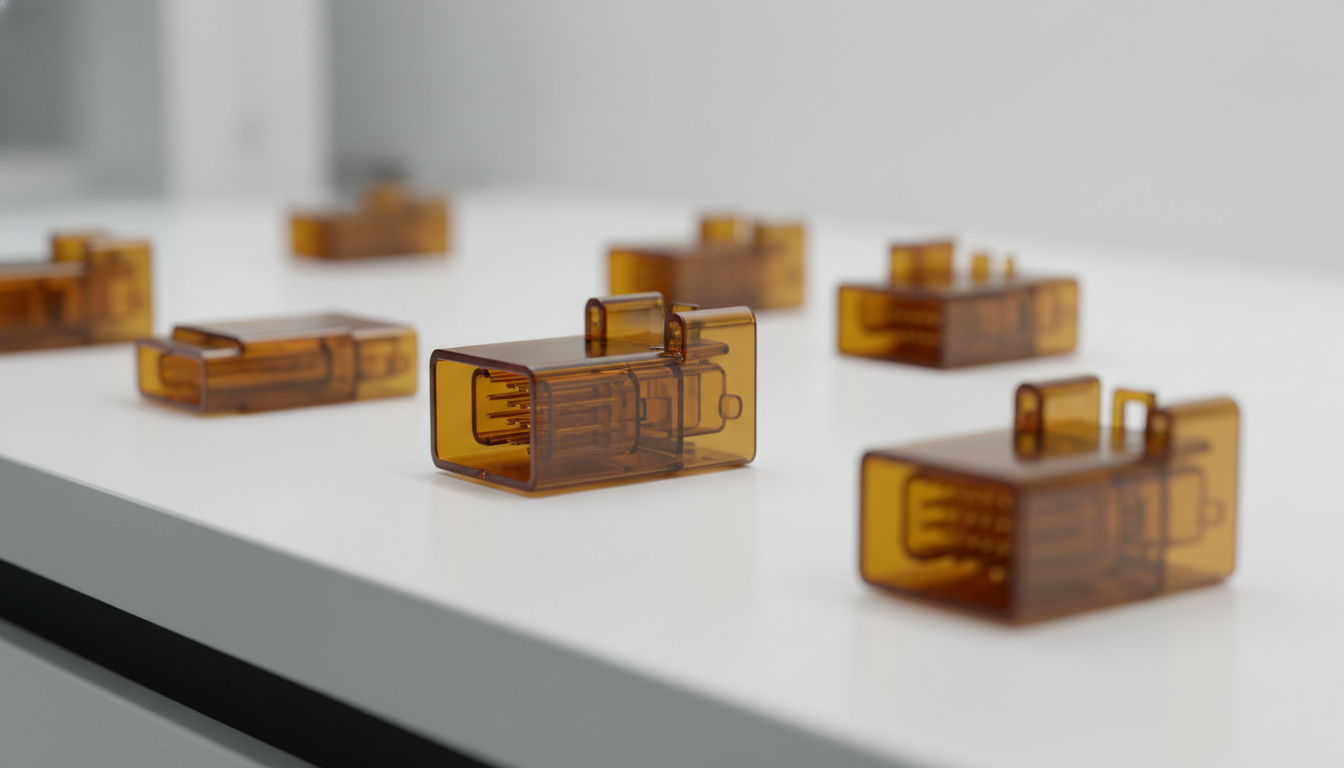 Precision-injection-molded-amber-transparent-BASF-Ultrason-S-2010-PSU-connectors