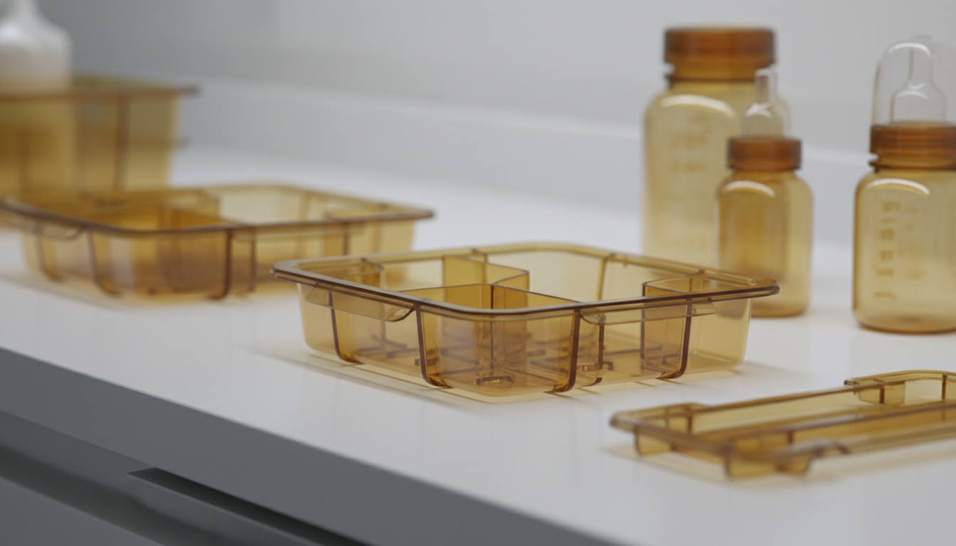 Precision-injection-molded-amber-transparent-Radel-R-5000-PPSU-surgical-sterilizing-trays
