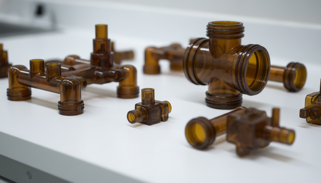 Precision-injection-molded-amber-transparent-Solvay-Udel-P-1700-PSU-medical-manifolds