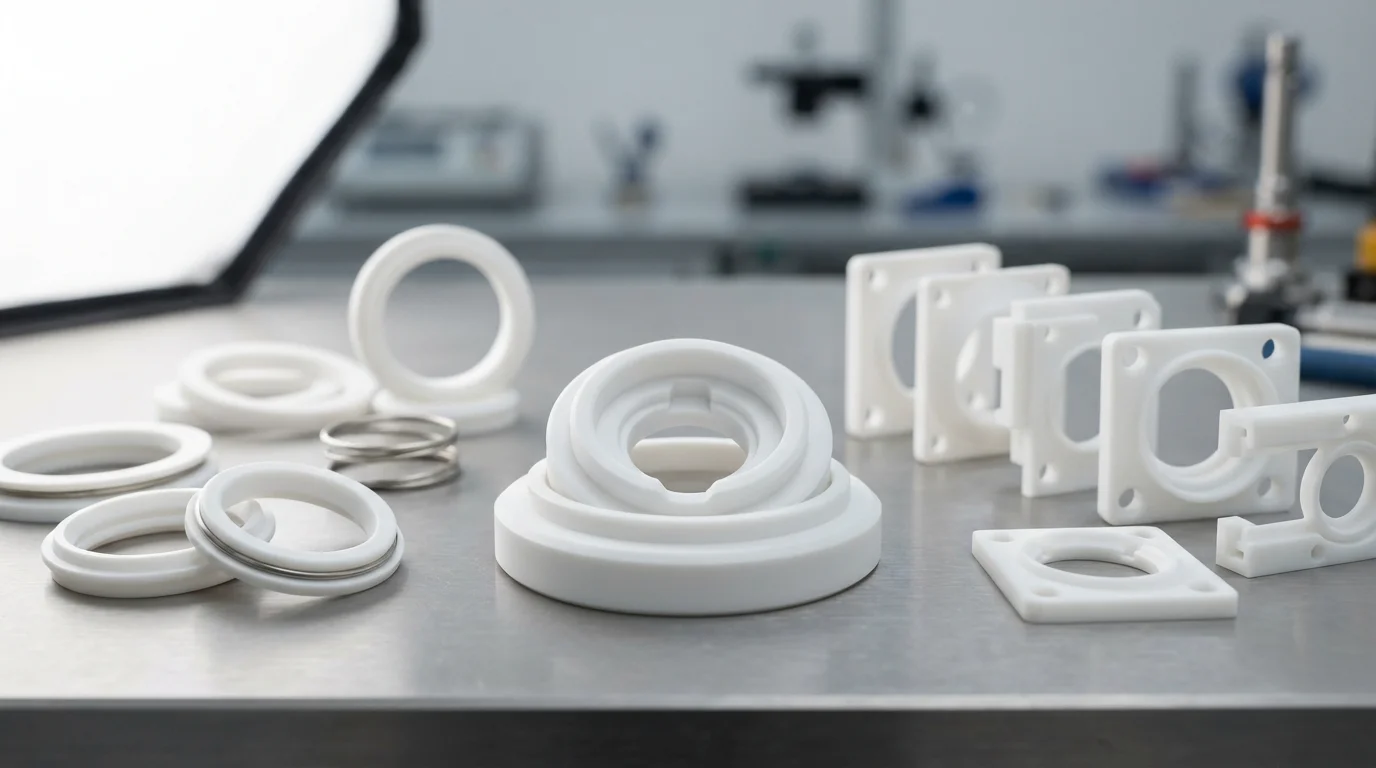 Precision-molded-and-machined-white-PTFE-Teflon-chemical-valve-seats-and-dynamic-seals
