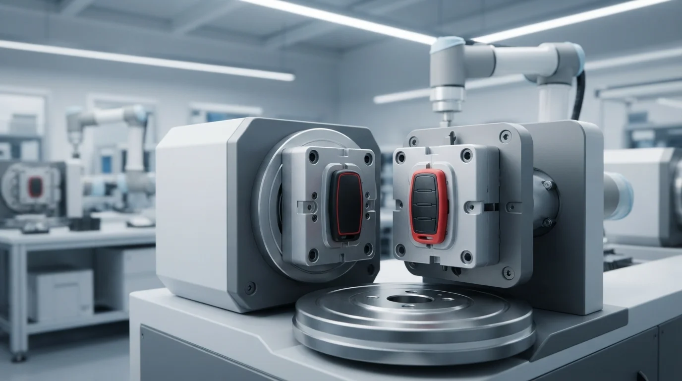 Automated-2K-multi-shot-injection-molding-machine-molding-multi-material-key-fobs