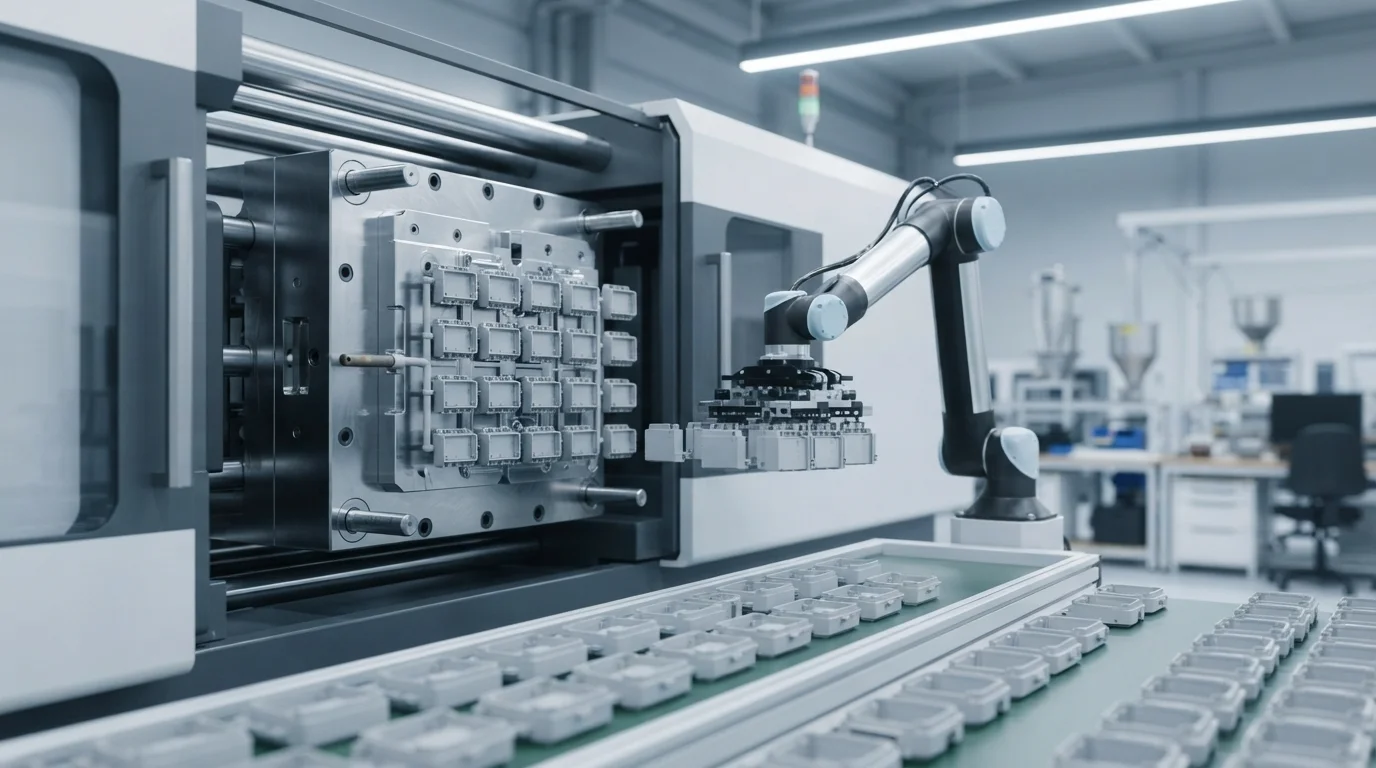 Automated-multi-cavity-high-volume-plastic-injection-molding-machine-with-robot