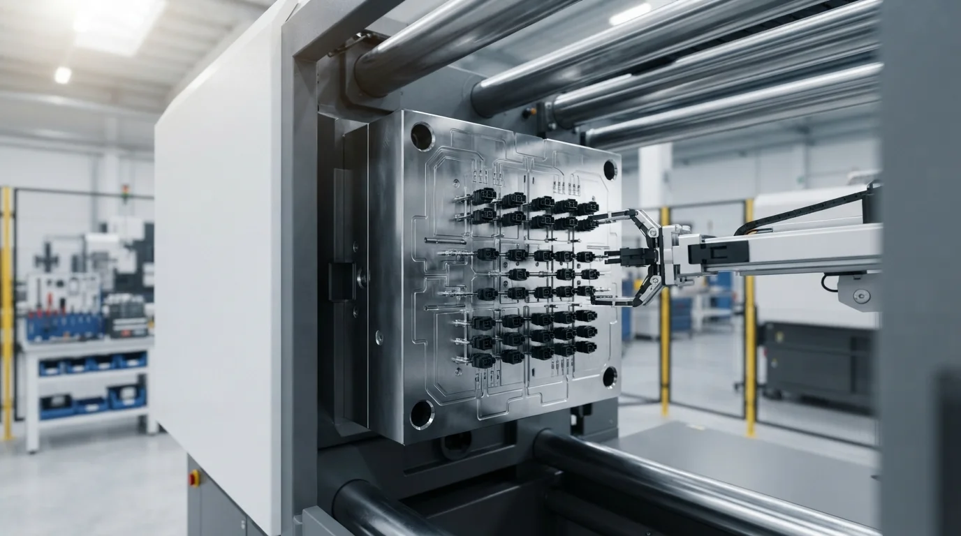 Hardened-S136-steel-multi-cavity-production-injection-mold-in-press