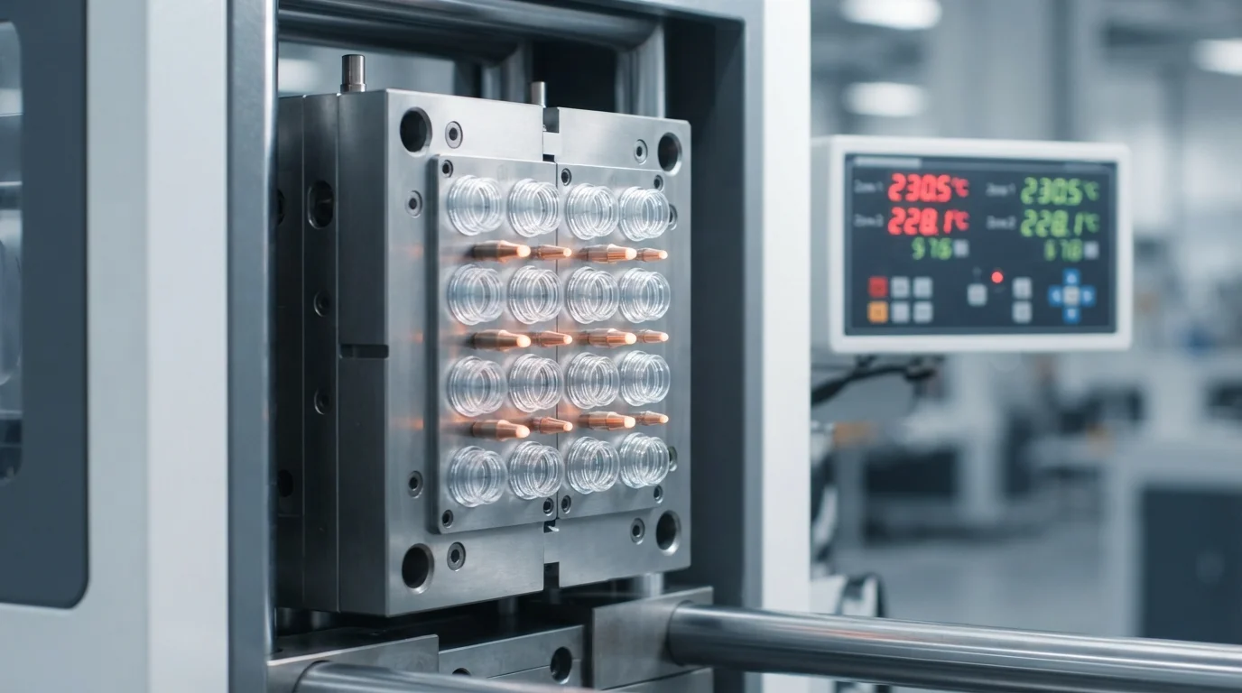 Open-hot-runner-injection-mold-with-heated-valve-gate-nozzles