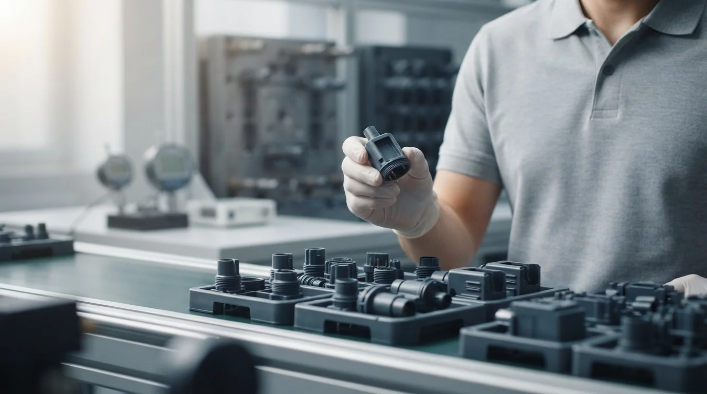 Operator-inspecting-precision-low-volume-injection-molded-plastic-parts