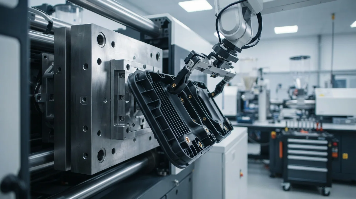 Precision-custom-plastic-injection-molding-press-ejecting-complex-engineering-parts