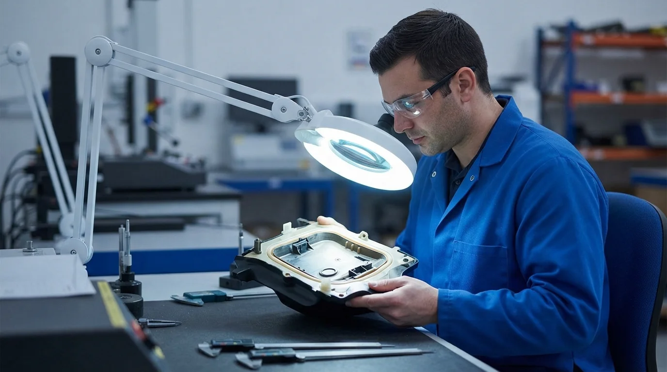 technician-inspecting-overmolding-defects