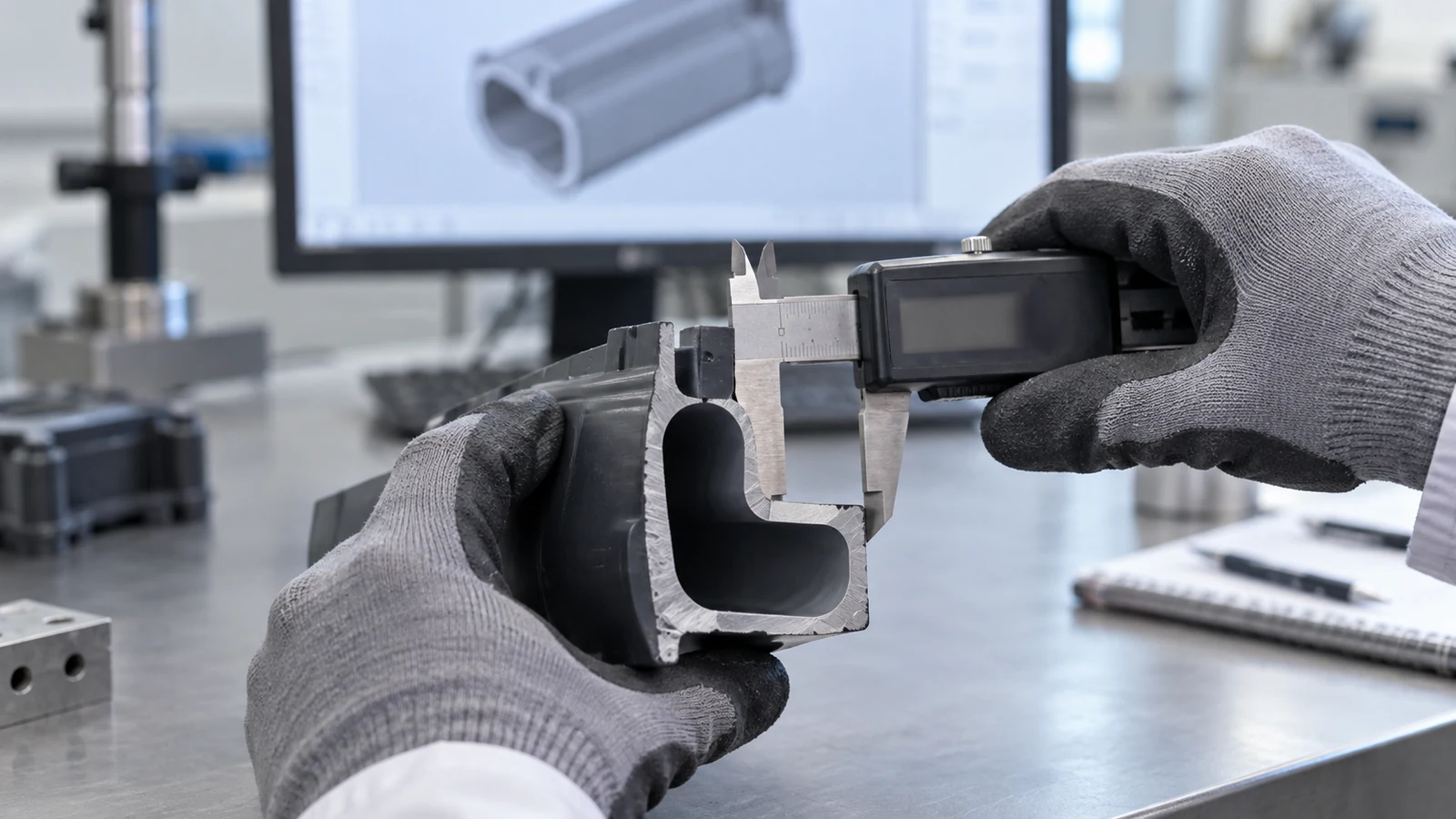 Caliper checks sectioned hollow part