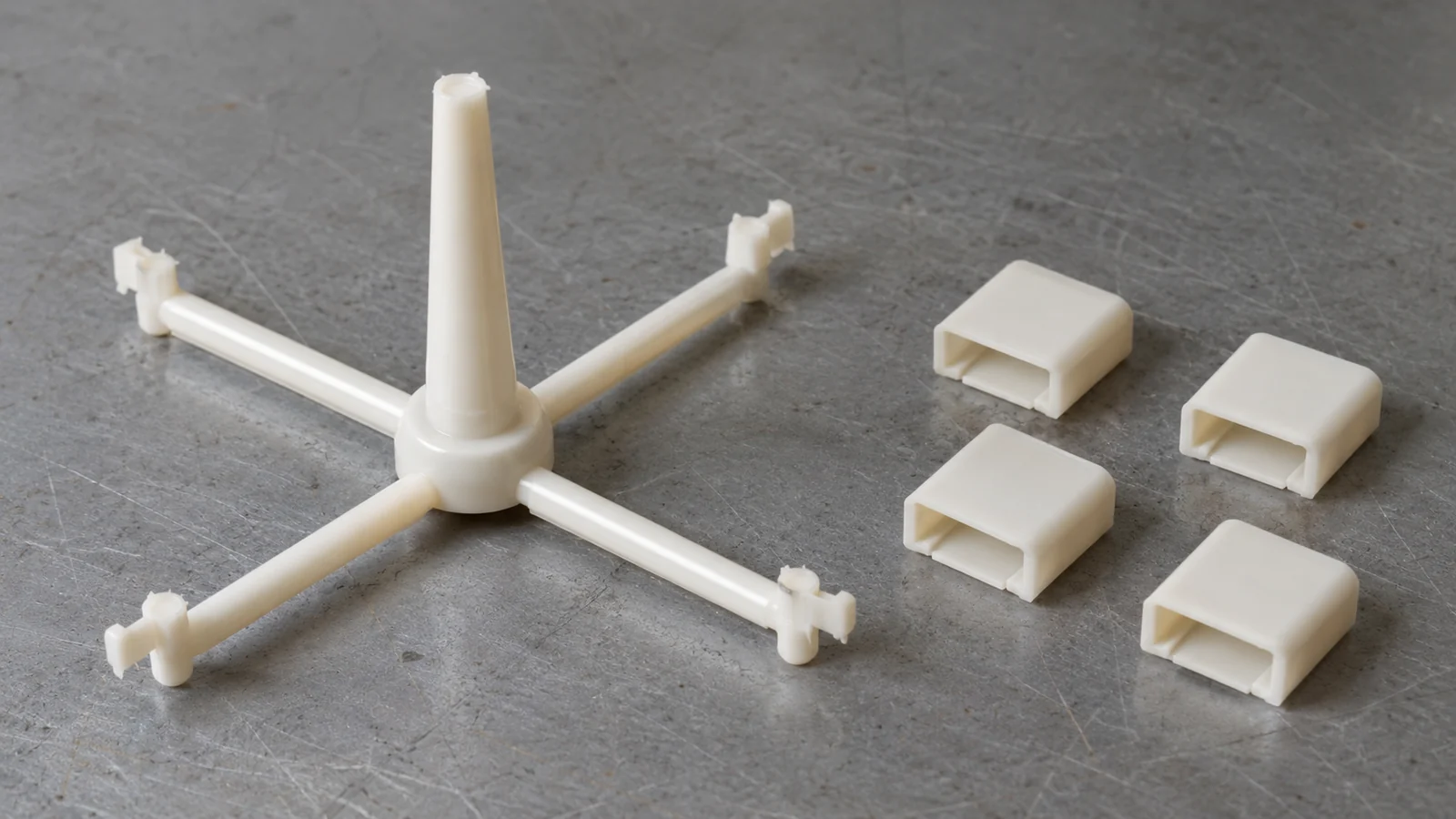 Sprue runner beside molded components