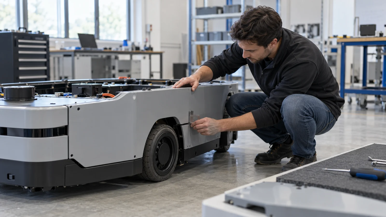 Engineer checks AGV panel chassis fit