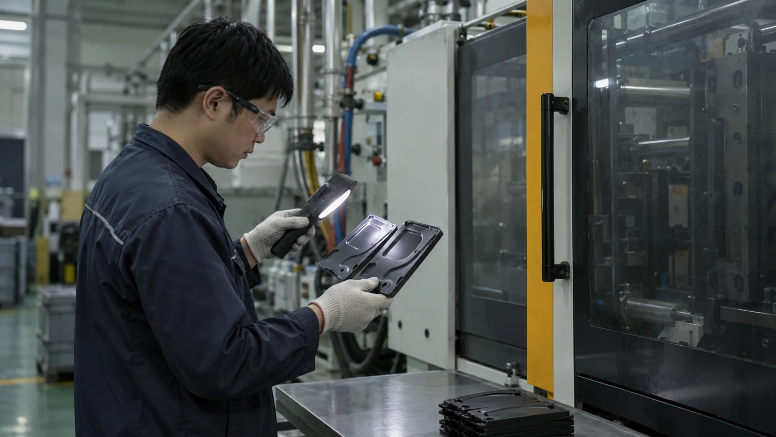 Engineer compares molded sink samples