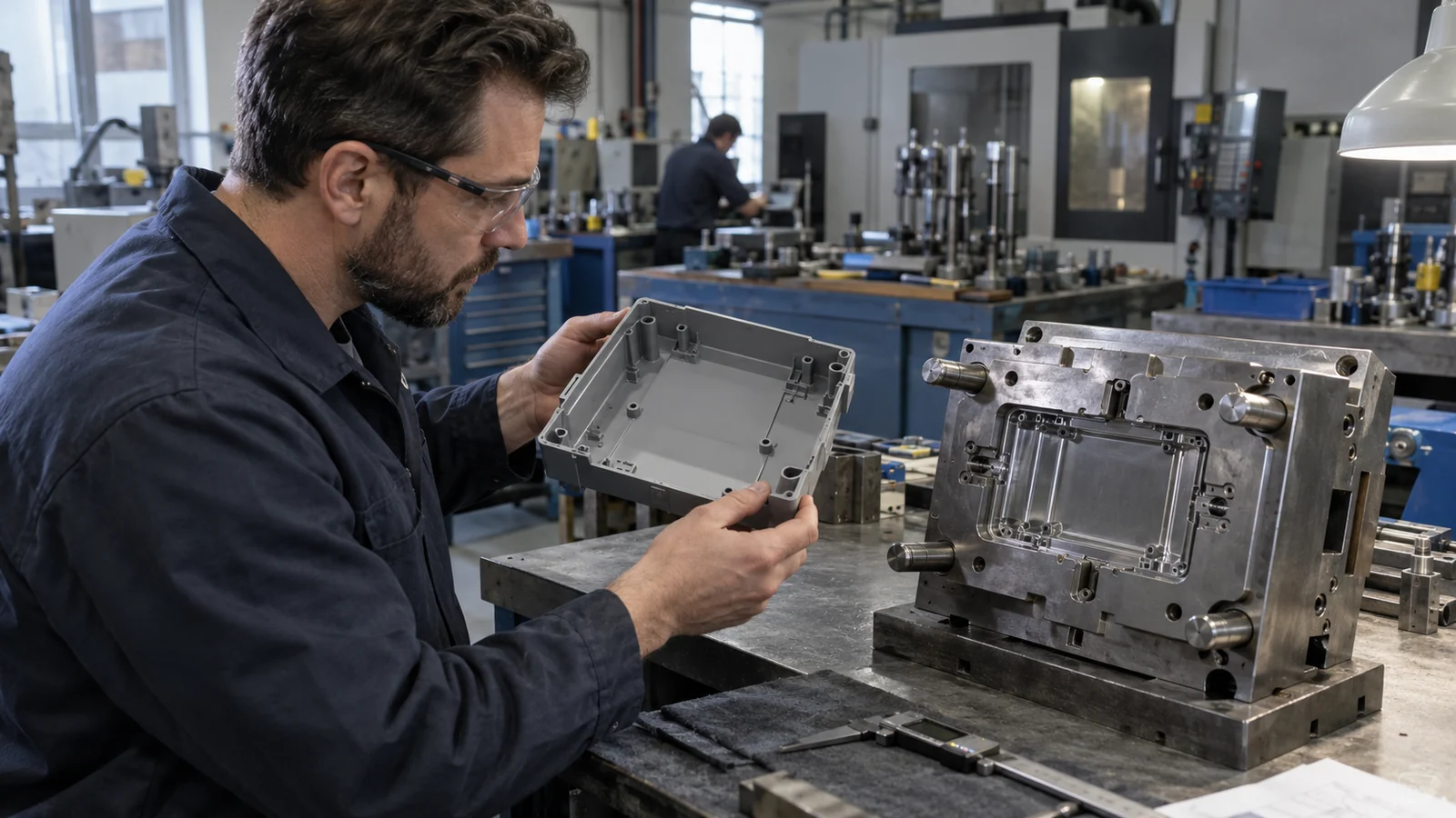 Engineer inspects molded part release