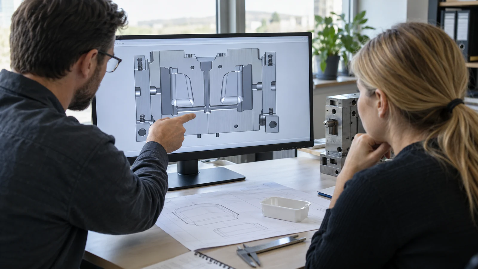 Engineer reviewing runner layout CAD