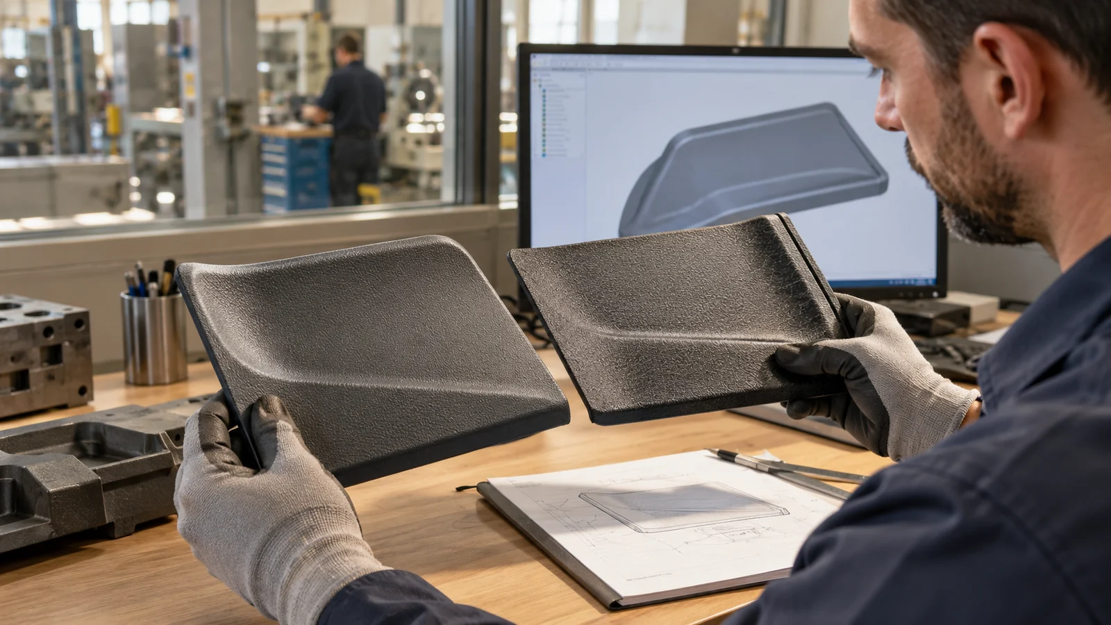 Engineer reviews textured molded surfaces
