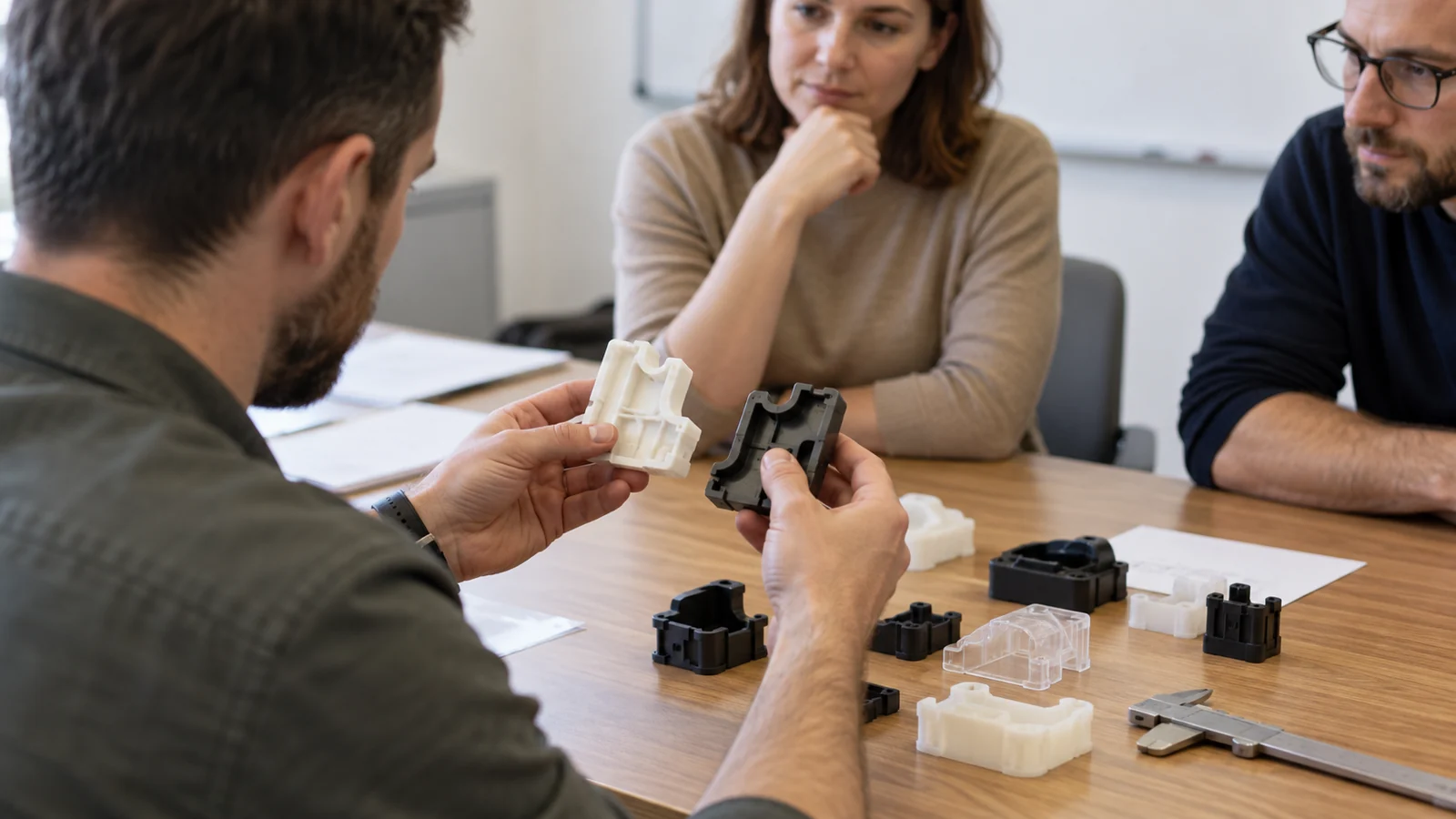 Engineer reviews molding trial samples