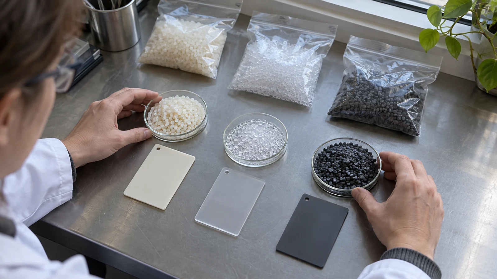 Engineer compares resin pellets and parts