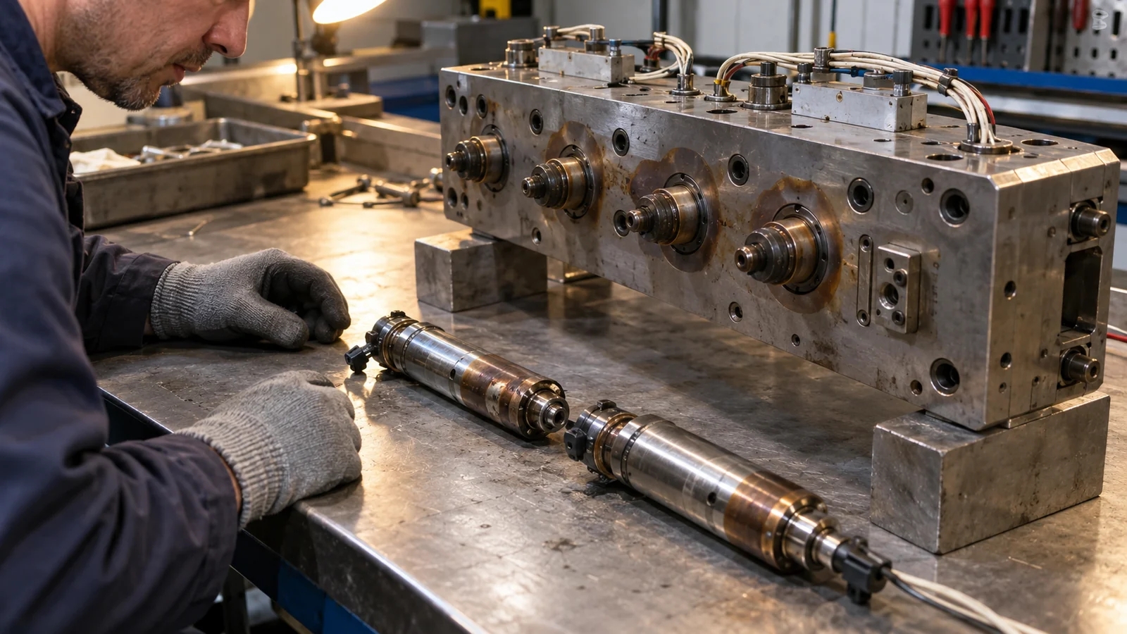 Technician inspects hot runner manifold
