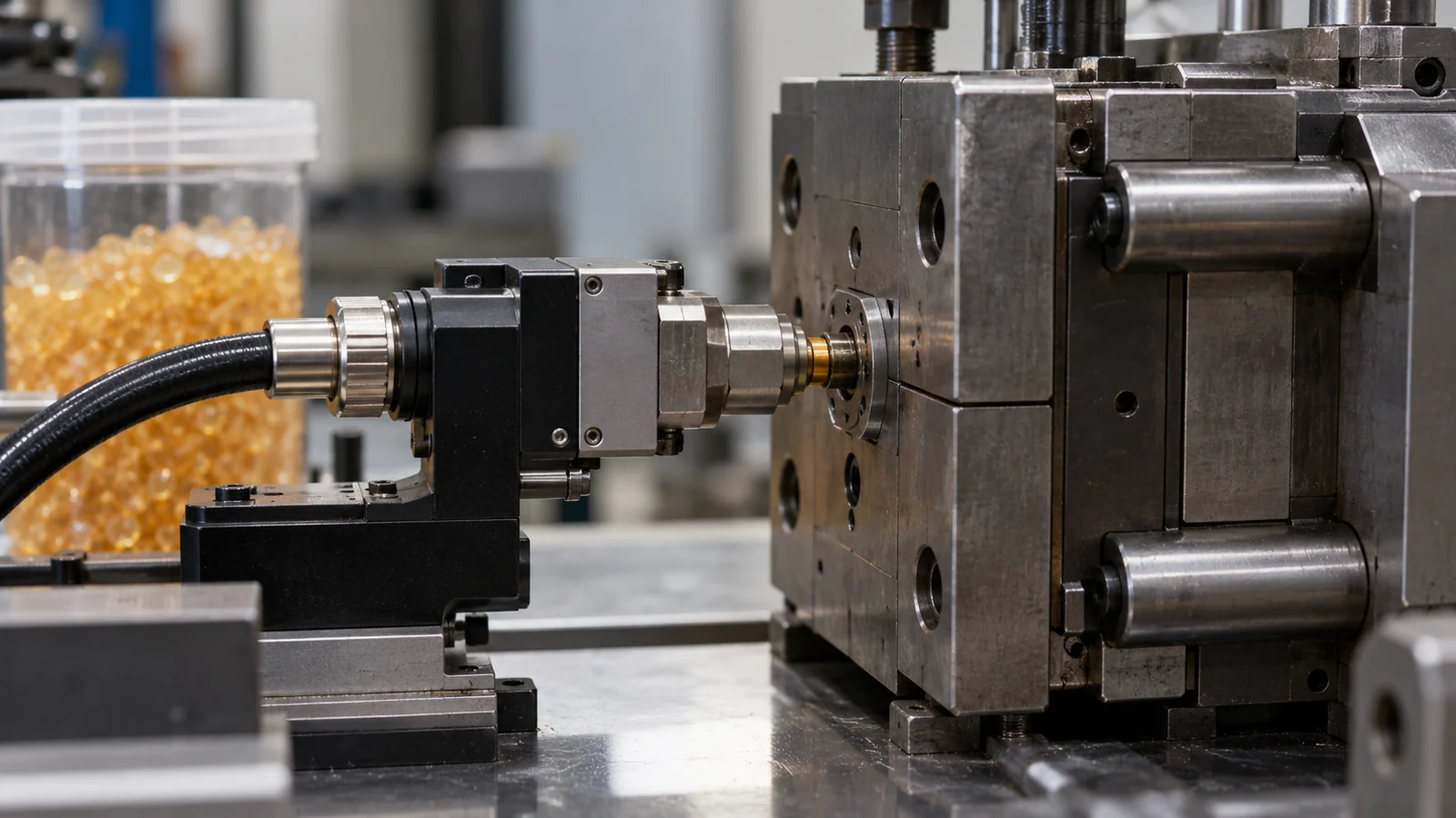 Hot melt material feeds a small cavity