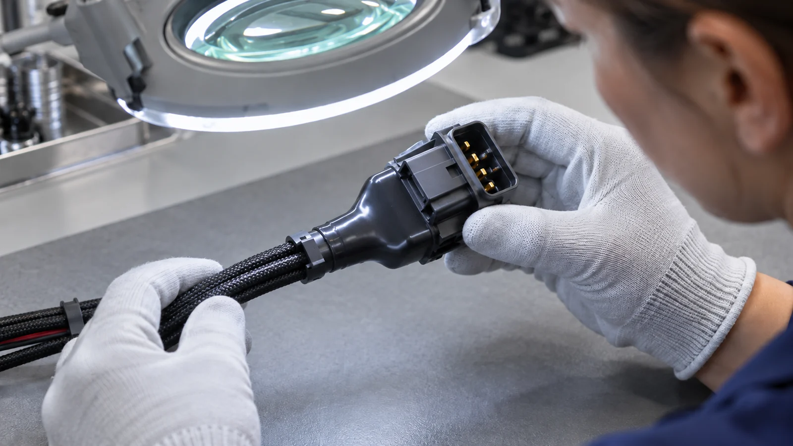 Technician inspects encapsulated connector