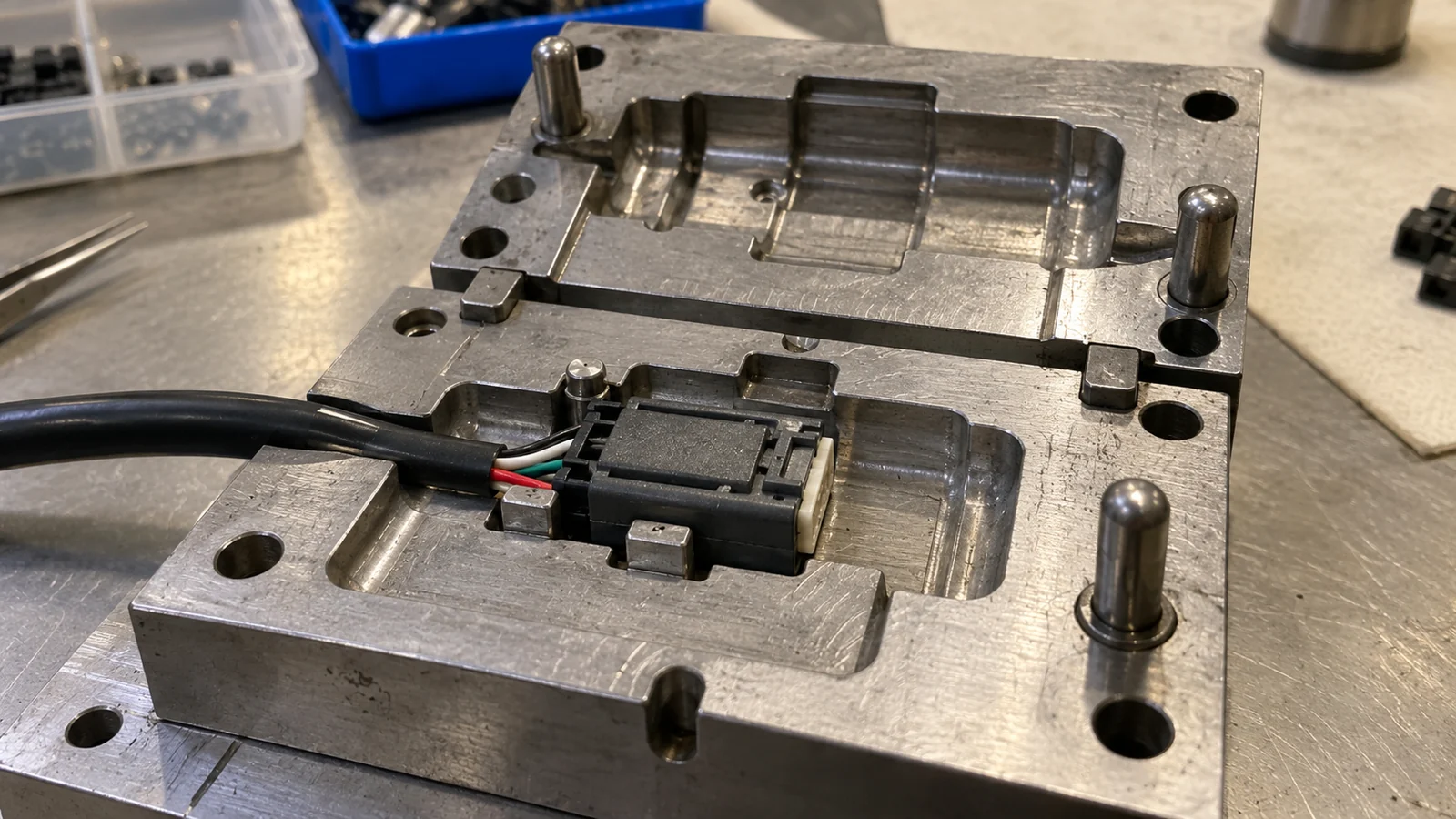 Electronics assembly fits molding nest