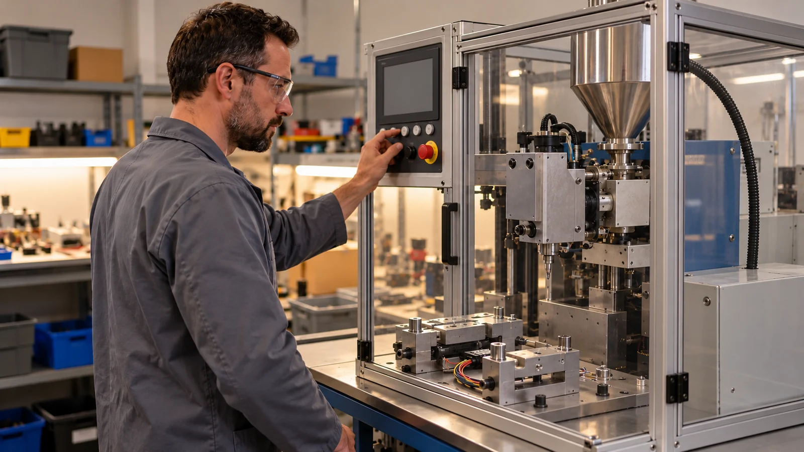 Low pressure molding setup surrounds assembly