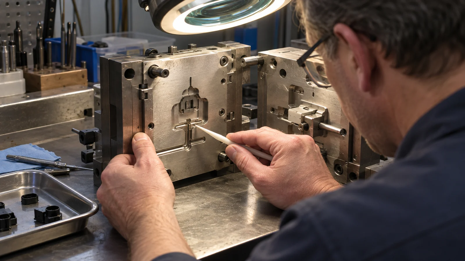 Engineer examines mold shutoff details