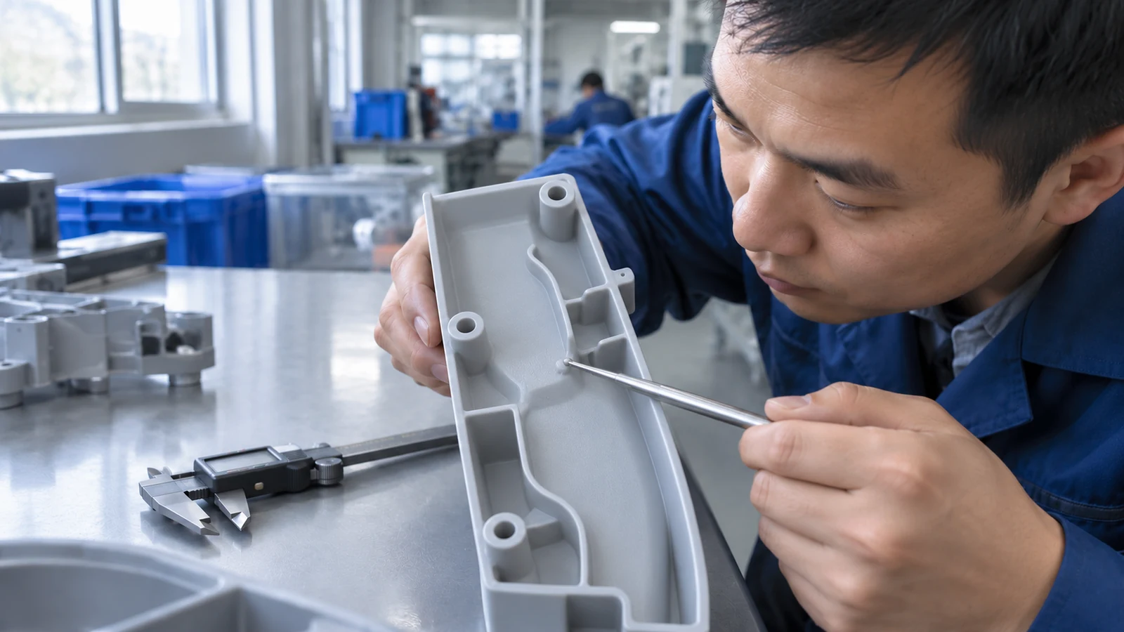 Mühendis, kalıplanmış parça hatasının konumunu işaretliyor Engineer marks molded part defect location