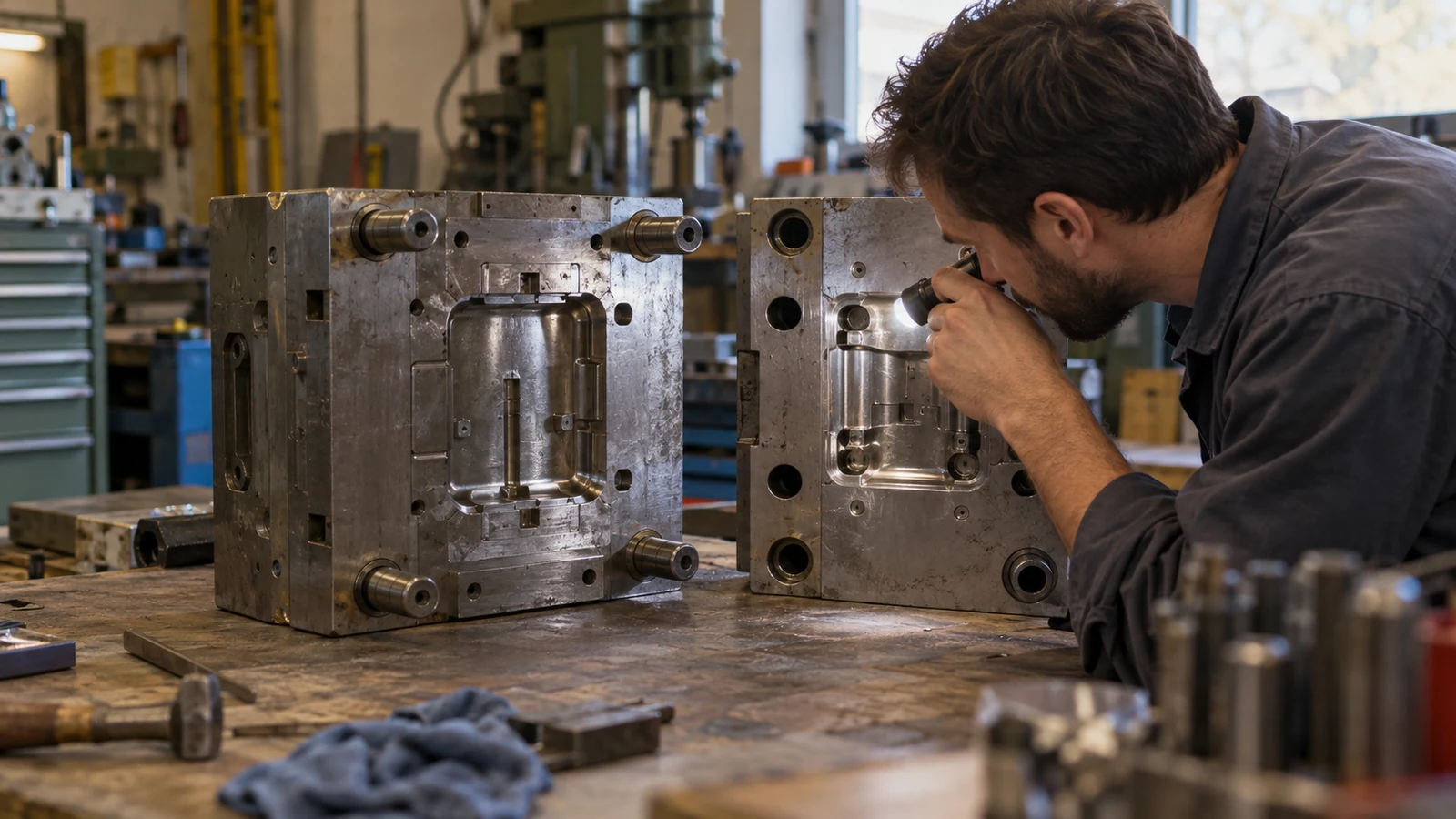Technician inspects mold shutoff surfaces