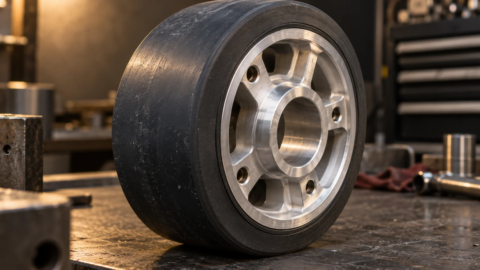 Molded tread wraps rigid AGV wheel hub