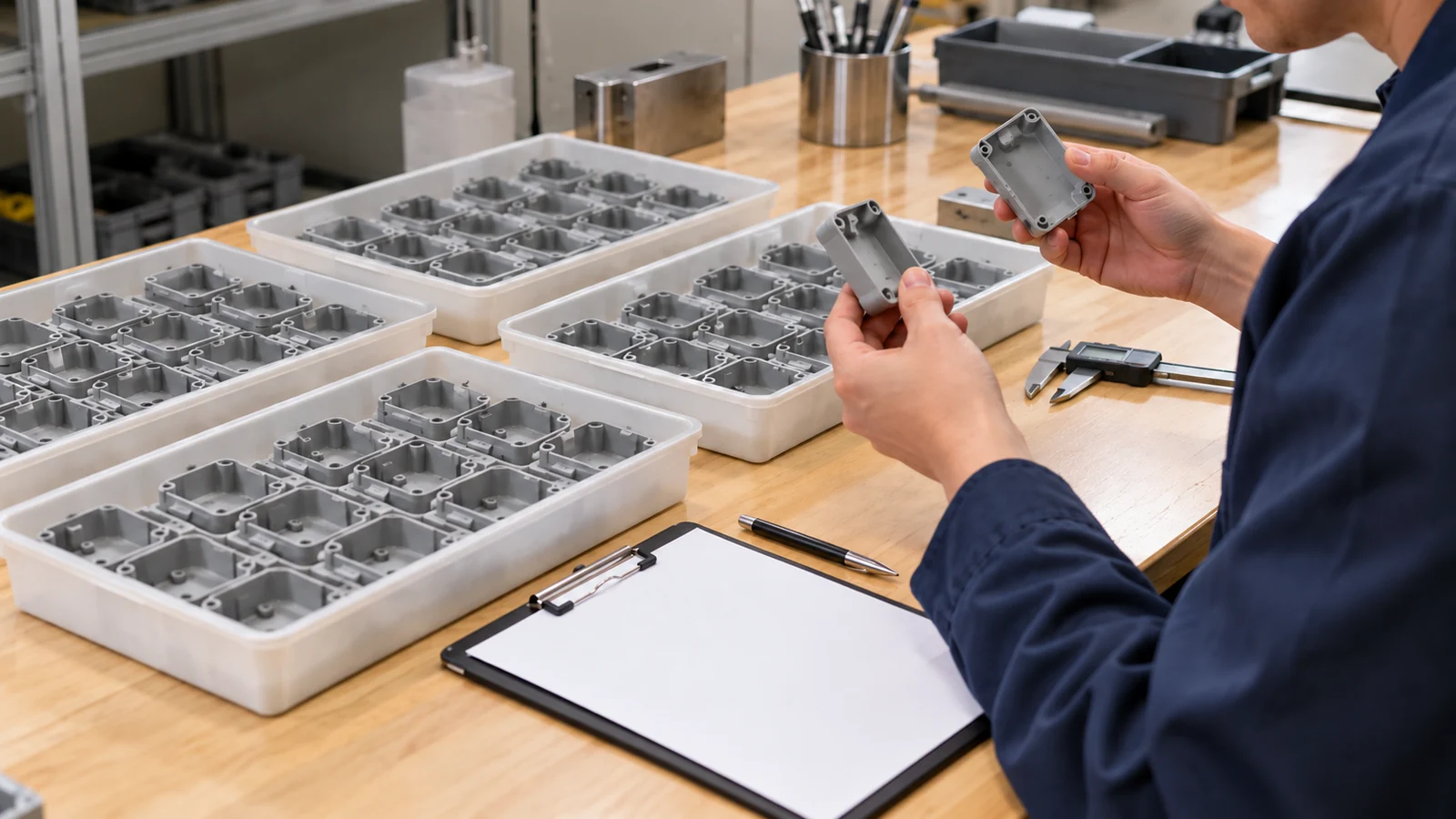 Technician compares molded cavity samples