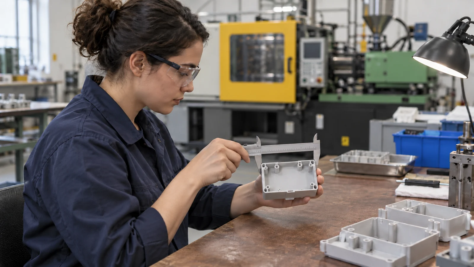 Operator checks molded housing dimensions