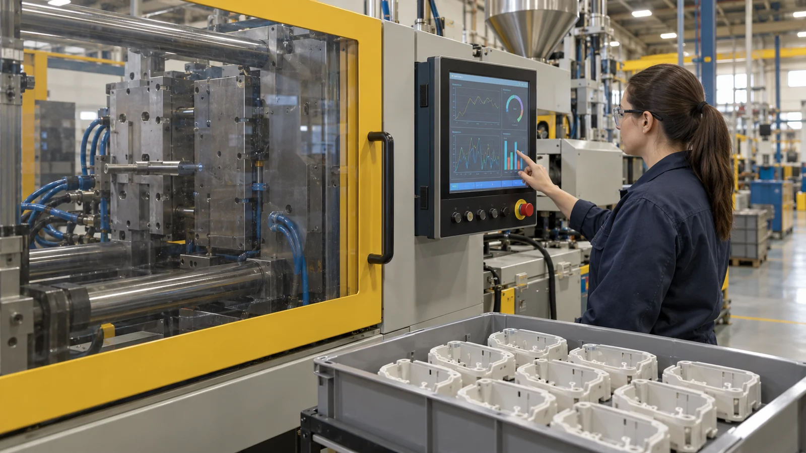 Operator reviewing molding cycle data