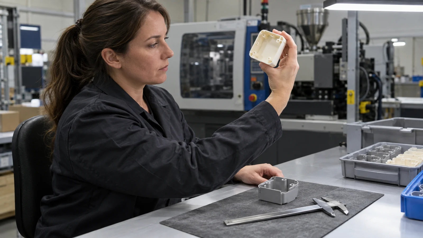 Technician inspects molded resin samples