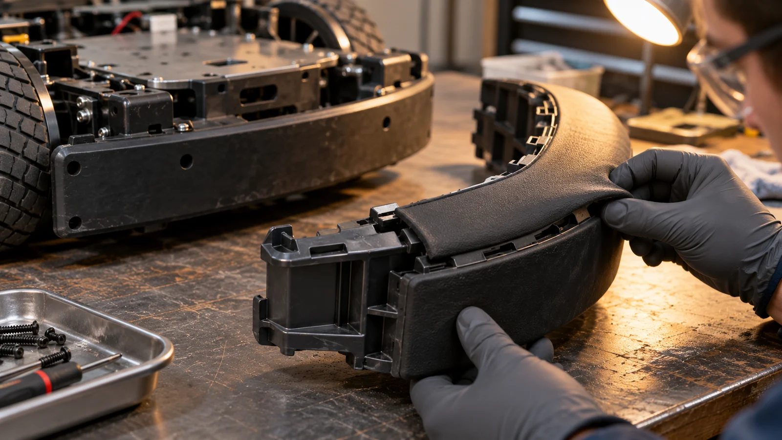 Rigid carrier supports soft molded bumper