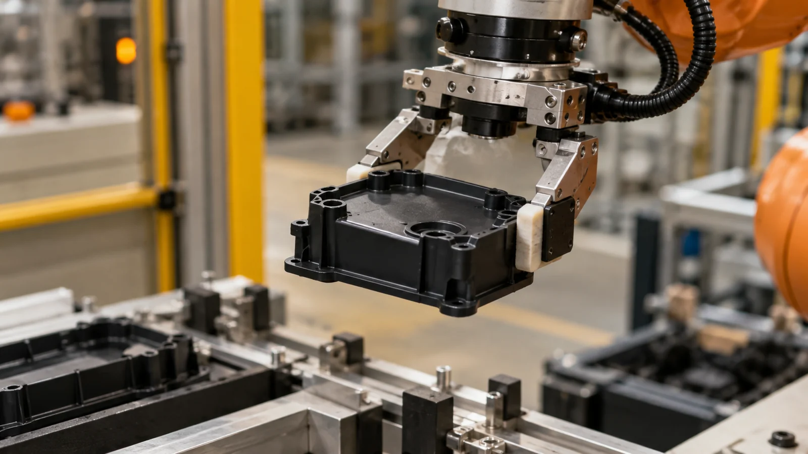 Robot gripper holds molded housing